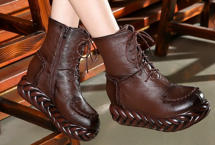 Women Vintage Genuine Leather Ankle Cowhide Lace-Up Boots