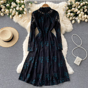 Women Vintage Lace Floral Slim Vestidos Elegant Dress