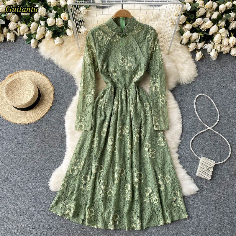 Women Vintage Lace Floral Slim Vestidos Elegant Dress
