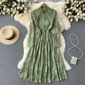Women Vintage Lace Floral Slim Vestidos Elegant Dress