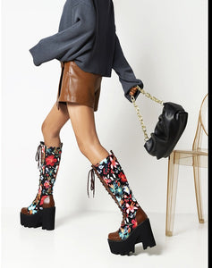 Women Floral Texture Cross Strap Knee-Length Boots