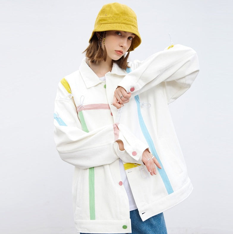 Unisex Hip Hop Retro Drawstring Stripes Cargo Jacket