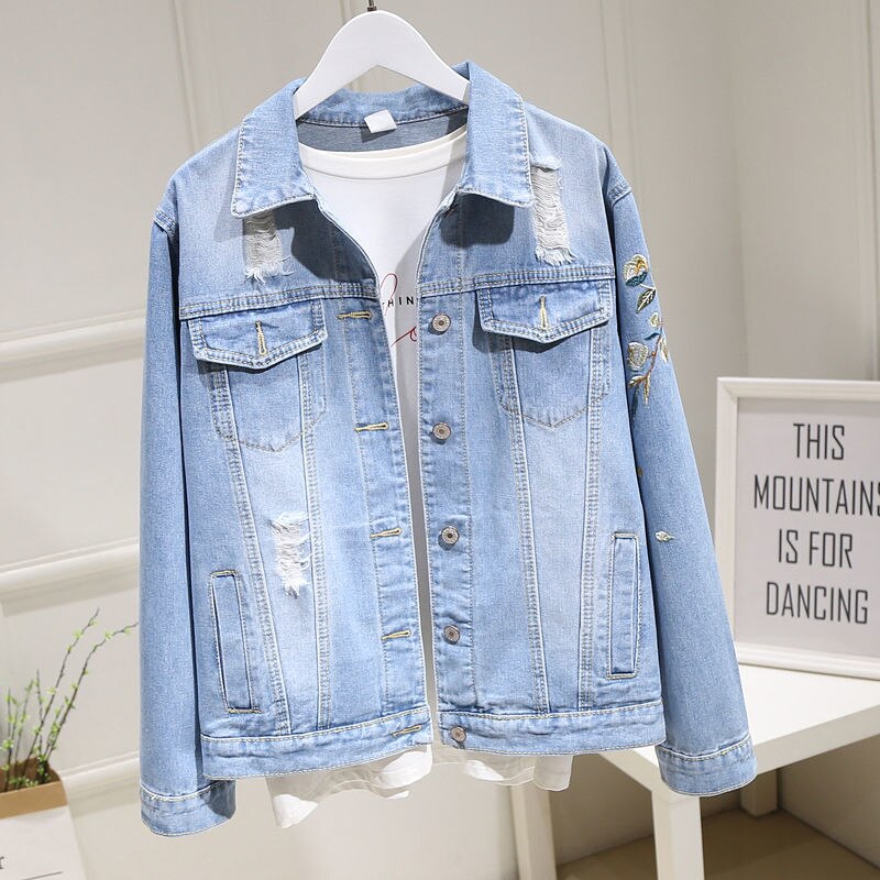 Women Embroidery Floral Vintage Denim Coat