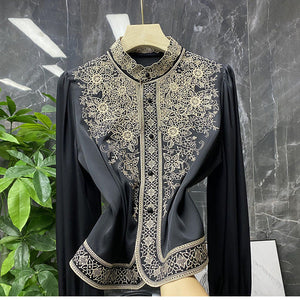 Women Embroidery Vintage Blusas De Mujer Stand Collar Blouse