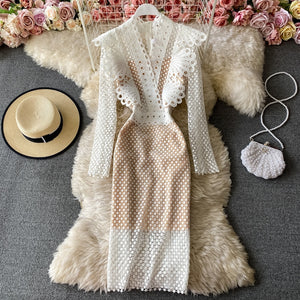 Women Lace Ruffles Elegant Slim Pencil Midi Bodycon Dress