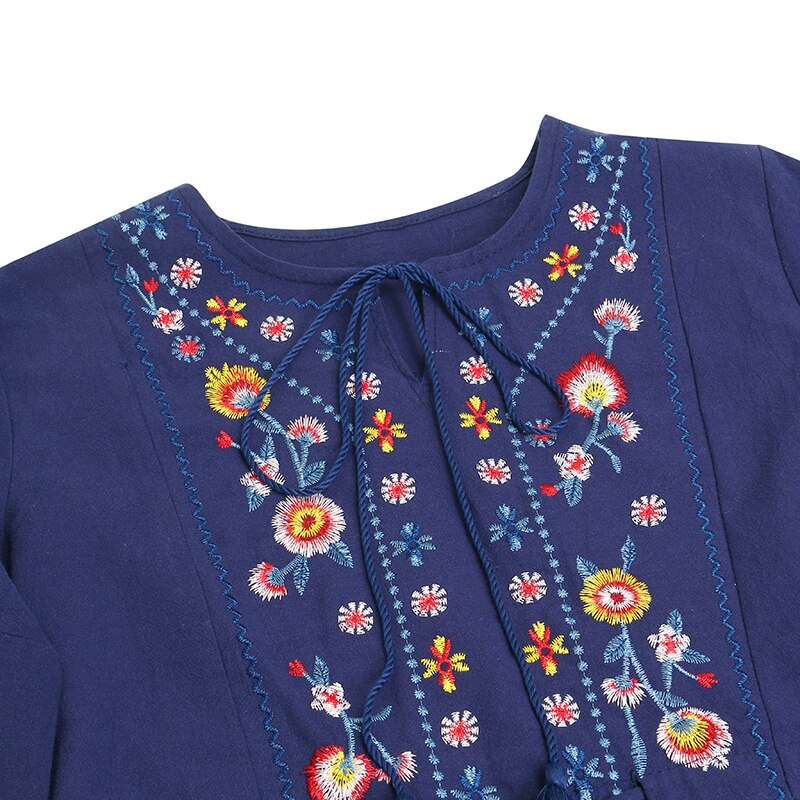 Women Embroidered Floral Boho Drawstring Vintage Dress