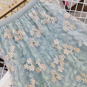 Women Embroidery Floral Mesh Long Skirt