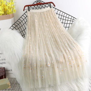 Women Floral Tulle Vintage Mesh Pleated Length Skirt