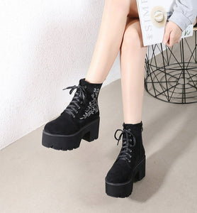Women Flower Chunky Punk Suede Leather Gothic Back Zipper Platform Boots