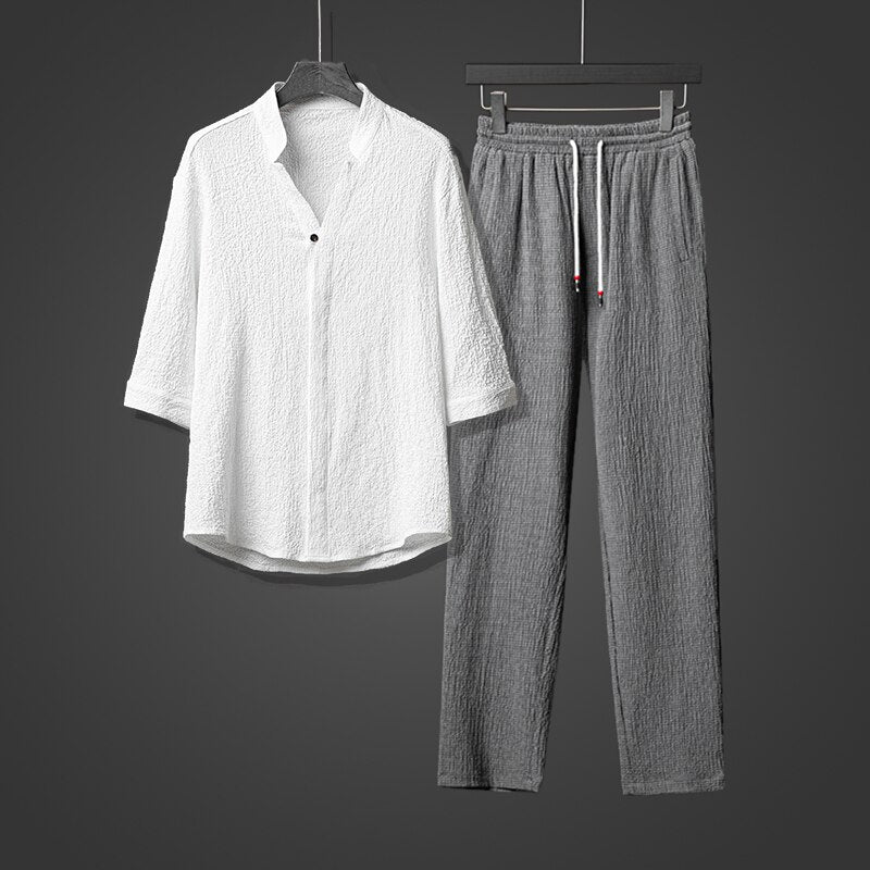 Men Harajuku Oversized Ice Silk Linen 2 Piece Suit