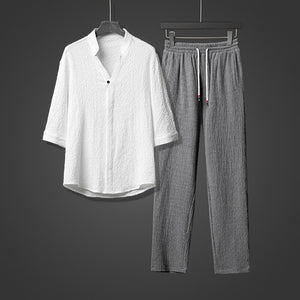 Men Harajuku Oversized Ice Silk Linen 2 Piece Suit