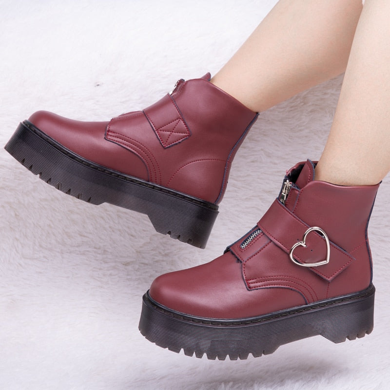 Women Heart Button Buckle Strip Ankle Martin Boots