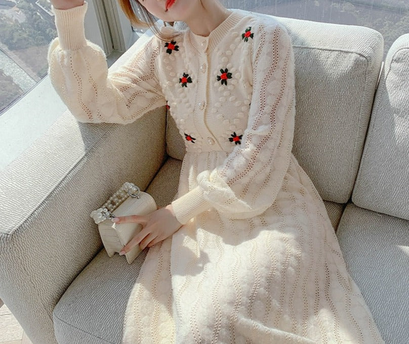 Women Embroidery Korea Style Slim Wool Knitting Dress