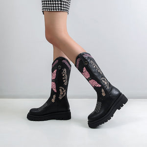 Women Embroidered High Heels Platform Cowboy Boots