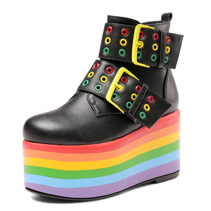 Women Leather Rainbow High Platform Ankle Boots