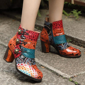 Women Handmade Genuine Leather Platform Round Toe Sewing High Heel Ankle Boots
