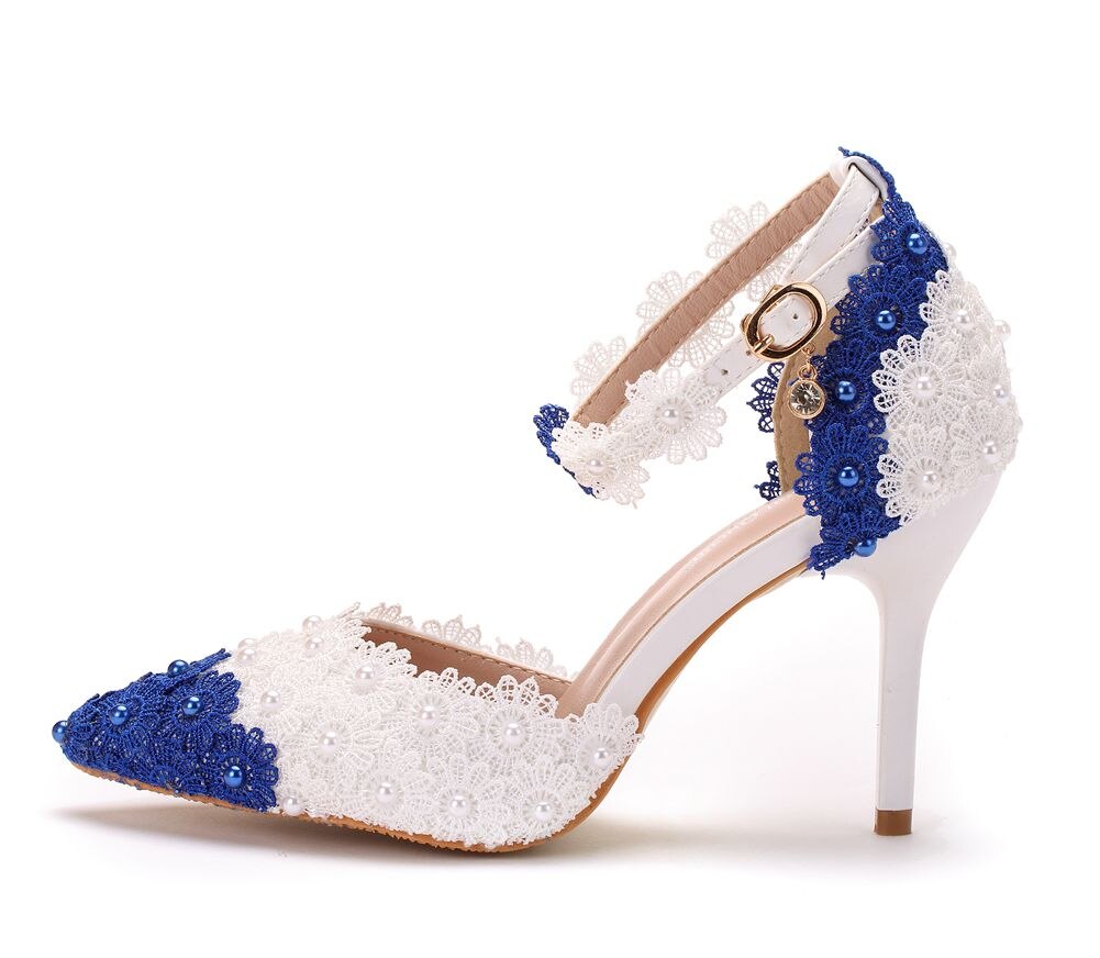 Women Handmade Lace Pointed Toe Flower Pearls Pumps Wedding Shoes