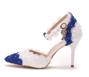 Women Handmade Lace Pointed Toe Flower Pearls Pumps Wedding Shoes