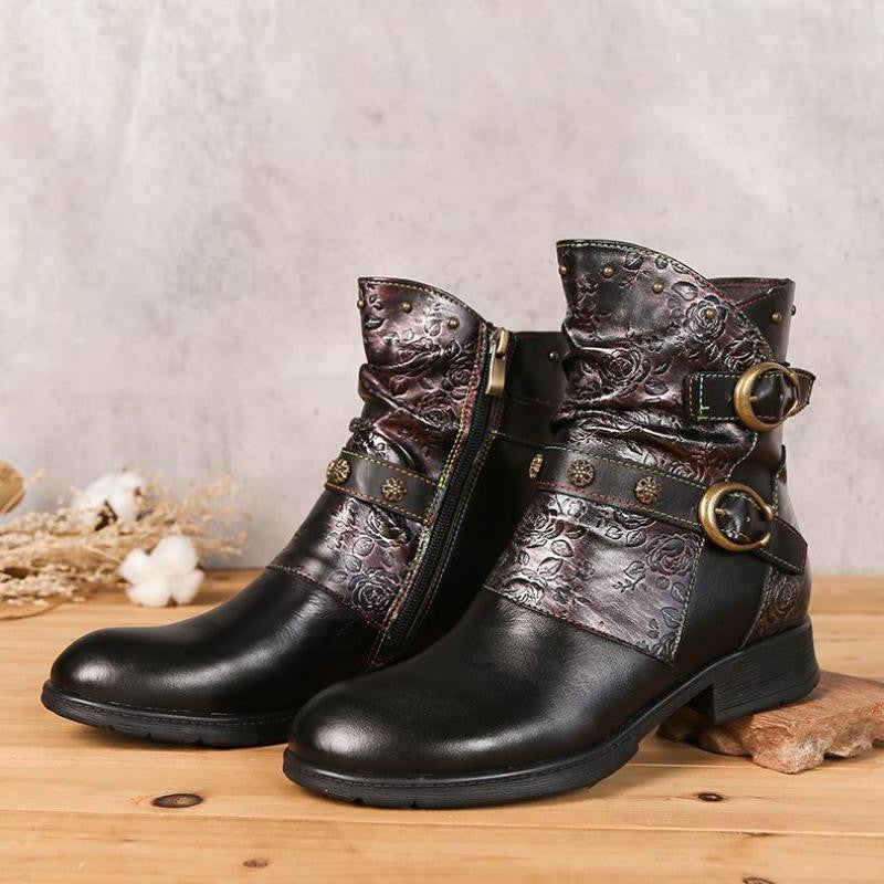 Women Genuine Leather Round Toe Print Handmade Concise Leisure Ankle Platform Boots