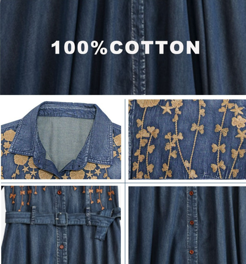 Women Boho Denim Turn-down Collar Dress