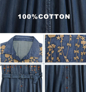 Women Boho Denim Turn-down Collar Dress