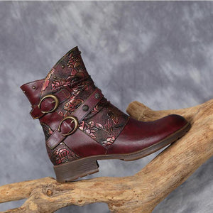 Women Genuine Leather Round Toe Print Handmade Concise Leisure Ankle Platform Boots
