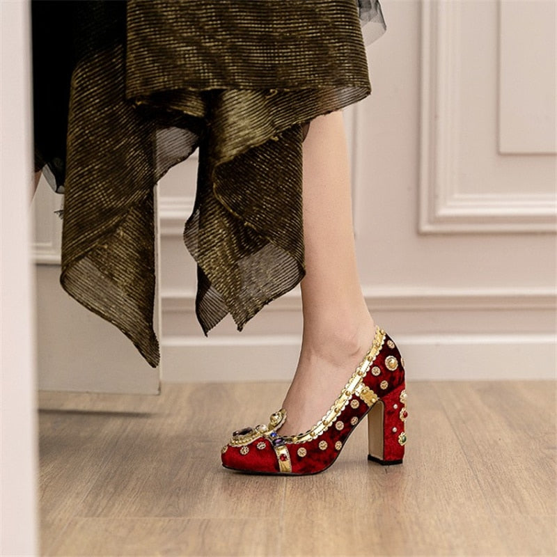 Women Retro High Heels Velvet Rhinestone Rivets Shoes
