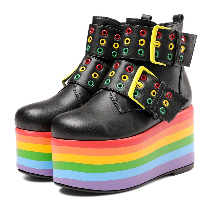 Women Leather Rainbow High Platform Ankle Boots