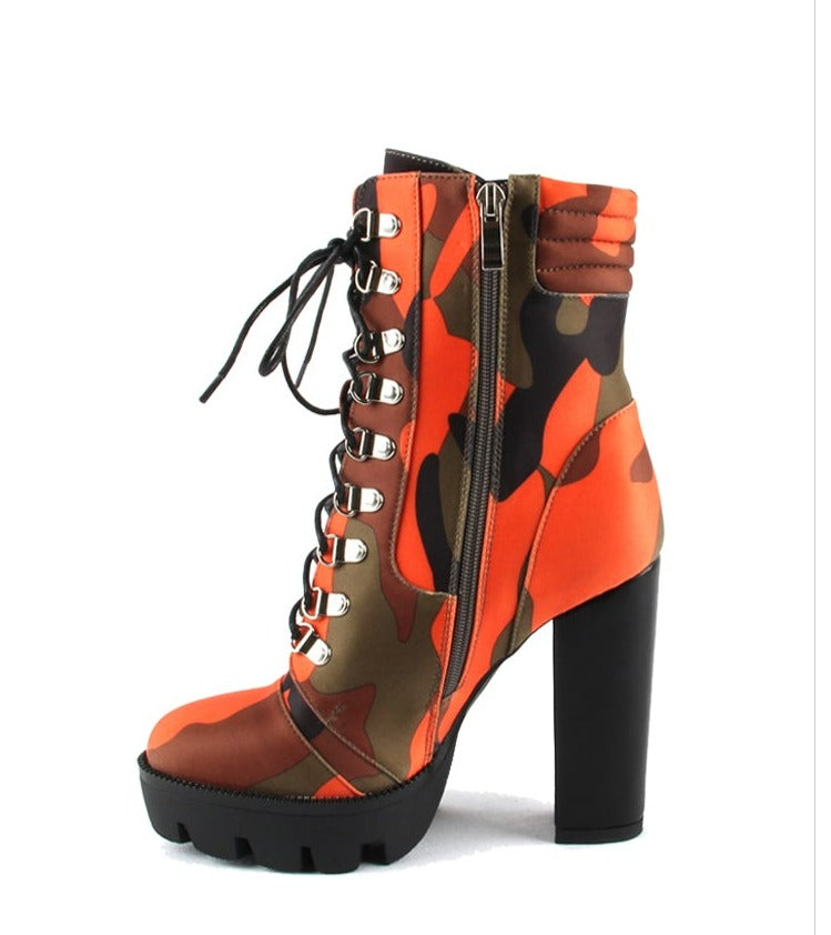 Women Camouflage Round Toe Block Lace Up Chunky Heel Boots