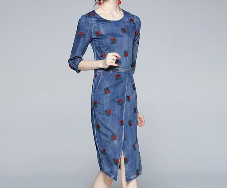 Women Embroidery Festa Runway Designer Denim Dress