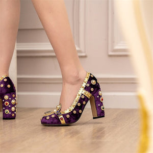 Women Retro High Heels Velvet Rhinestone Rivets Shoes
