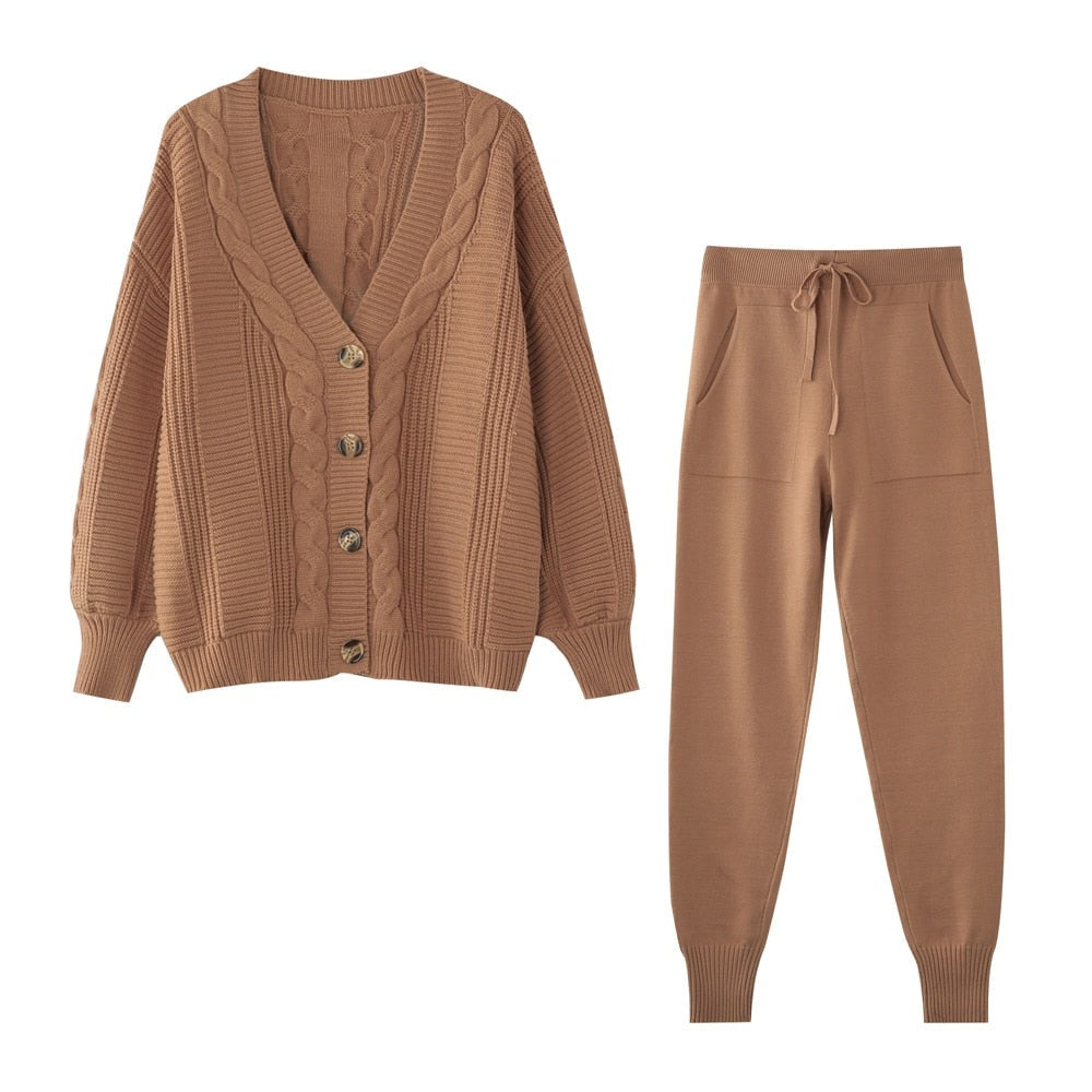 Women V-neck Single Breasted Cardigan Pant Sweater 2 Pcs Set