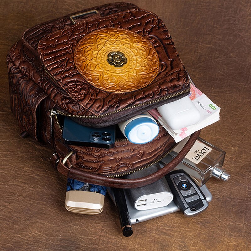 Women Floral Retro Cowhide Backpack Embossing Bag