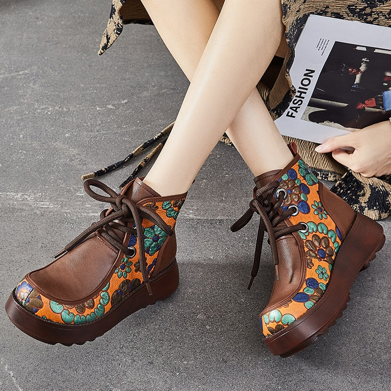 Women Genuine Leather Retro Lace-up Concise Boots