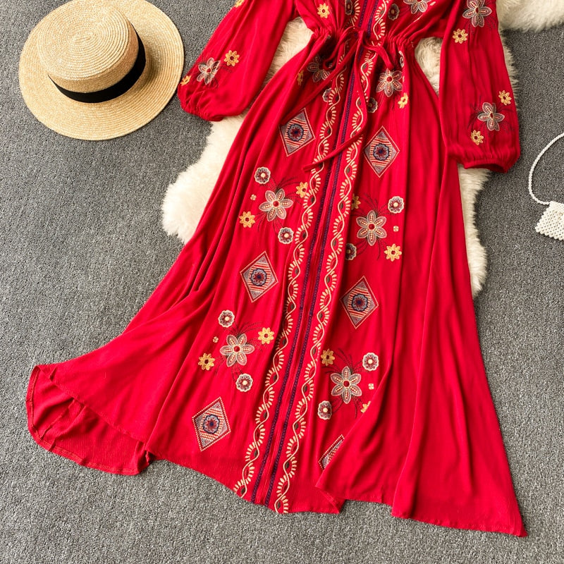 Women Embroidery Boho V-Neck Lantern Sleeve Dress
