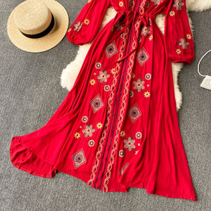 Women Embroidery Boho V-Neck Lantern Sleeve Dress