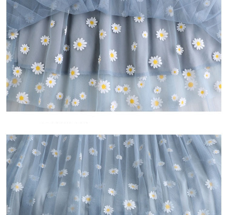 Women Floral Tulle Vintage Mesh Pleated Length Skirt