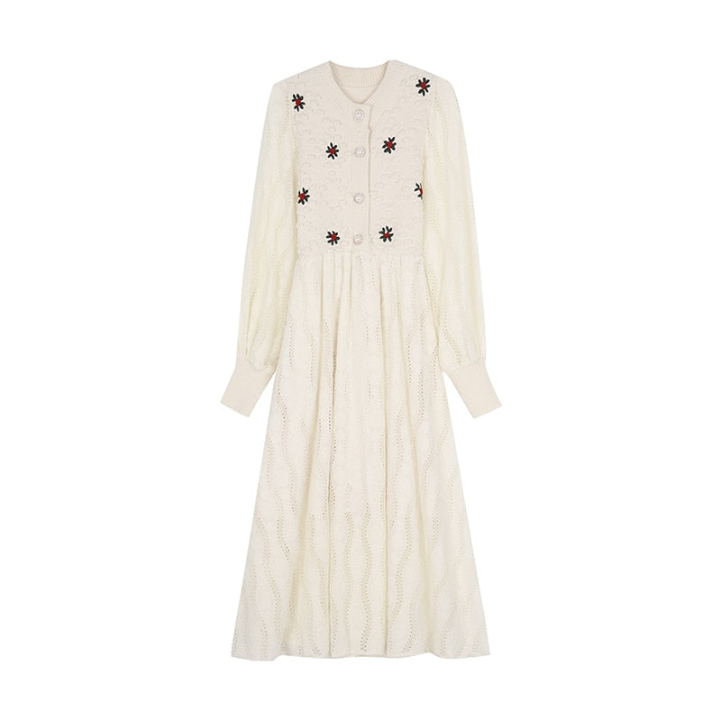 Women Embroidery Korea Style Slim Wool Knitting Dress
