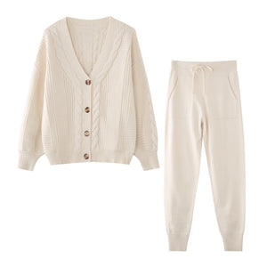 Women V-neck Single Breasted Cardigan Pant Sweater 2 Pcs Set