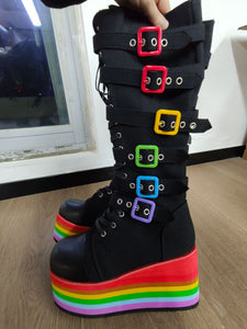 Women Gothic Rainbow Platform Buckles Zipper Motorcycle Boots