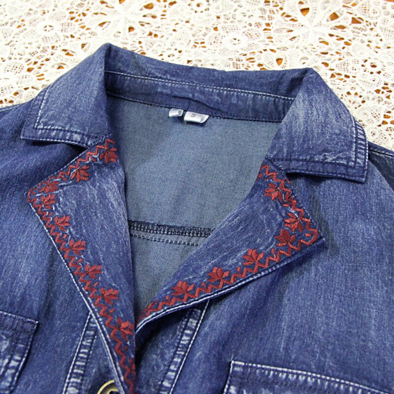 Woman Embroidery Boho Denim Vintage Belted Dress