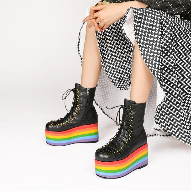 Women Leather Rainbow High Platform Ankle Boots