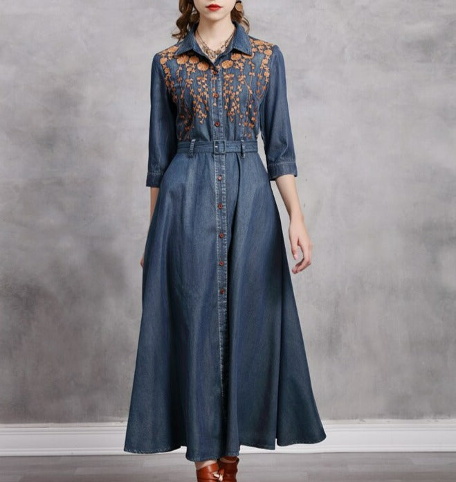 Women Boho Denim Turn-down Collar Dress