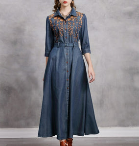 Women Boho Denim Turn-down Collar Dress