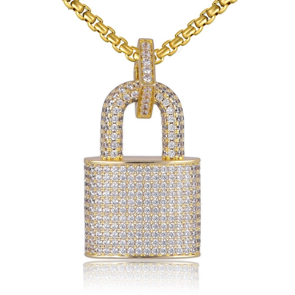 Unisex Crystal Padlock Pendant Hip Hop Zirconia Necklace
