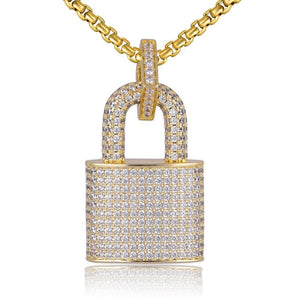 Unisex Crystal Padlock Pendant Hip Hop Zirconia Necklace