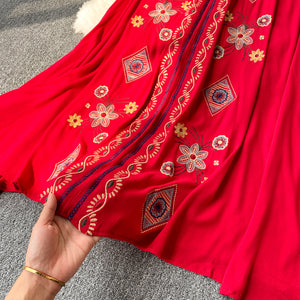Women Embroidery Boho V-Neck Lantern Sleeve Dress