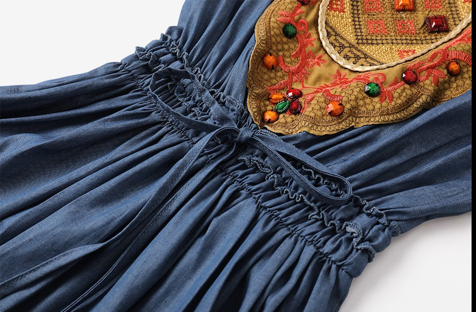 Women Embroidery A-line Denim Elastic Waist Vestidos Dress