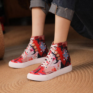 Women Peking Face Round Toe Lace Up Canvas Shoes