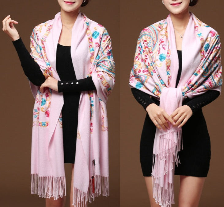 Women Floral Embroidery Shawl Pashmina Cashmere Scarf